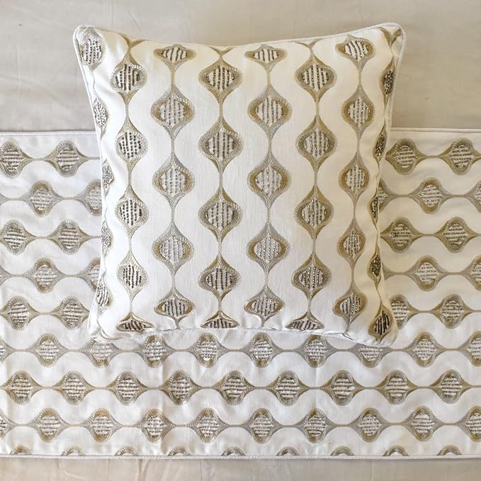 The HomeCentric King/Queen/Twin Beige Decorative Bed Runner King 90"x18" Bed Runner Without Pillow Cover, Embroidery, Geometric, Beaded Hand Embroidery Bed Scarf on Linen Fabric - Mahsa