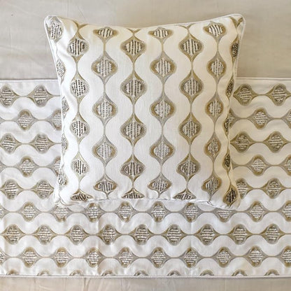 The HomeCentric King/Queen/Twin Beige Decorative Bed Runner King 90"x18" Bed Runner Without Pillow Cover, Embroidery, Geometric, Beaded Hand Embroidery Bed Scarf on Linen Fabric - Mahsa