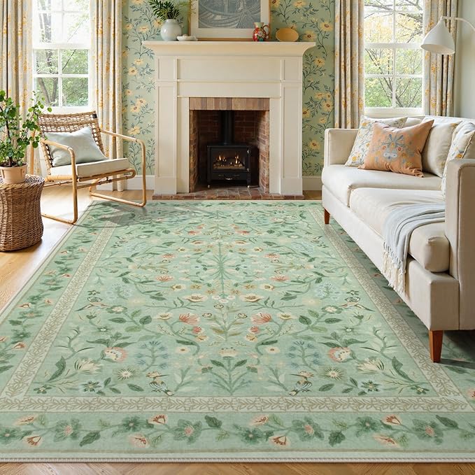 Lahome Floral Washable Area Rugs 8x10, Non-Slip Living Room Carpet Soft Tumble Washable Rugs for Bedroom Nursery, Vintage Botanical Print Carpet for Classroom Kids Room Dining Room, Sage