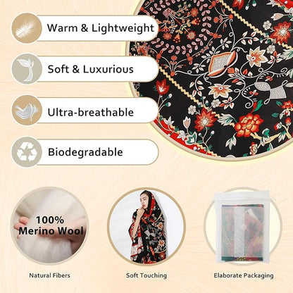 DANA XU 100% Merino Wool Pashmina Shawl for Women 96"x43", Oversized Cashmere Wrap with Tassels, Floral Travel Blanket Cape