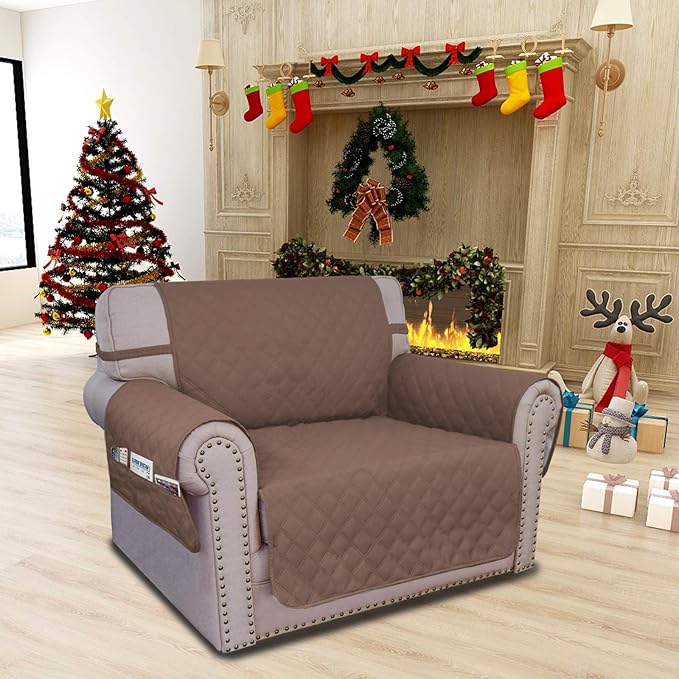Easy-Going Sofa Slipcover Chair Cover Waterproof Couch Cover Washable Sofa Cover Non-Slip Fabric Furniture Protector with Pocket for Pets Covers Pets Kids Children Dog Cat (Chair, Brown