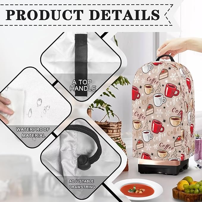 Coffee Pattern Blender Dust Cover with Drawstring, Stand Mixer or Coffee Maker Appliance Covers, Anti Fingerprint Polyester Dust Proof Stain Resistant Blender Cover for Kitchen