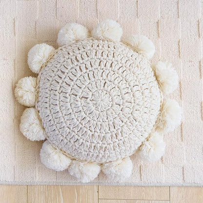 Beige 14 Inch Boho Round Throw Pillow, Cute Throw Pillow with Pom Poms Tassels, Decorative Circular Knitted Crochet Cushion for Couch Sofa Chair Bed