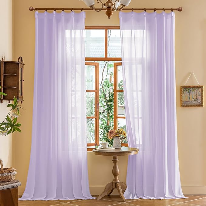 Lavender 108 Inches Long Pinch Pleat Curtains for Bedroom Lightweight Light Filter Sheer Pleated Drapes with Adjustable Hooks for Track System, Pastel Lilac, 42" W x 108" L, 2 Panels
