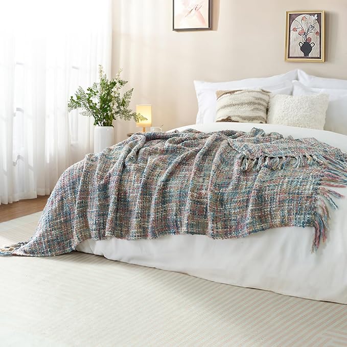 Multi-Color Pink Blue Cable Knitted Throw Blanket for Couch,60"X80" Boho Style Textured Blankets for Home Decor,Super Soft Warm Cozy Chunky Knit Blanket with Decorative Tassels for Bed