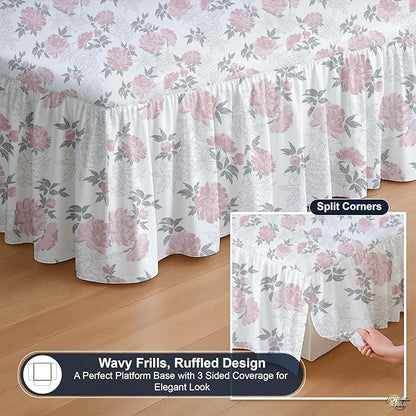 Cottington Lane Ruffled Bed Skirt King Size with Split Corner, Brushed Microfiber Hotel Quality Dust Ruffle, 16 Inch Drop Gathered Bedskirt, Soft, Stylish, Shrink & Fade Resistant, Blush Petals