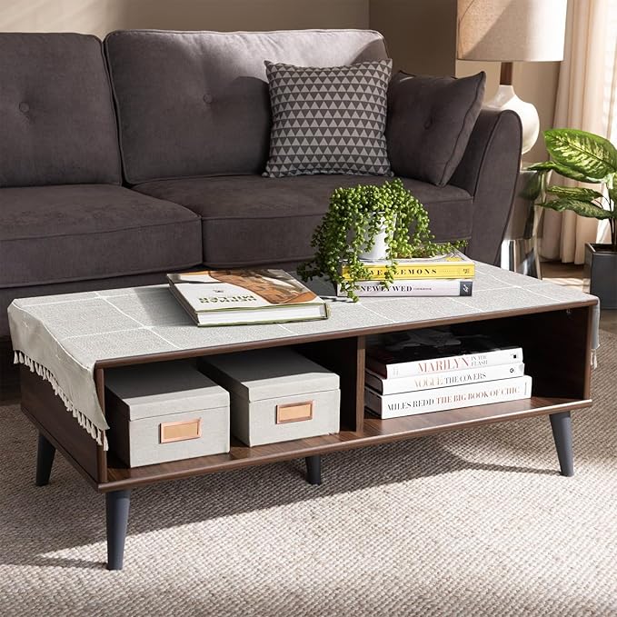 Coffee Table Cloth, Table Cover with Pockets and Tassel, Coffee Color Grid for Living Room Small Rectangle Tablecloths Washer Dryer Fridge Top Dust Cover,Easy Care Machine Washable