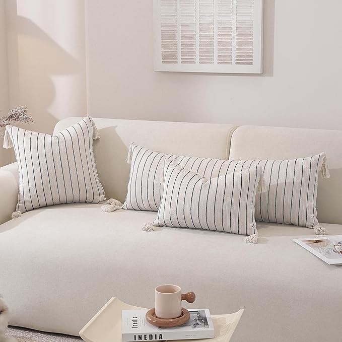 Boho Throw Pillow Covers 20x12 Inch Set of 2, Textured Linen Striped Lumbar Cushion Covers with Tassels, Soft & Cozy Farmhouse Decor Pillow Cases for Sofa, Couch, Bed, Living Room, Green