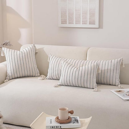 Boho Throw Pillow Covers 20x12 Inch Set of 2, Textured Linen Striped Lumbar Cushion Covers with Tassels, Soft & Cozy Farmhouse Decor Pillow Cases for Sofa, Couch, Bed, Living Room, Green