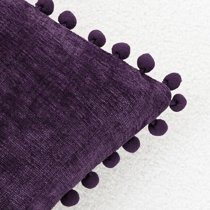 CaliTime Throw Pillow Covers Decorative 22 X 22 Inches Pack of 2 Cozy Solid Dyed Soft Chenille Cushion Cases with Pom Poms for Couch Sofa Bed Living Room Home Plum Purple