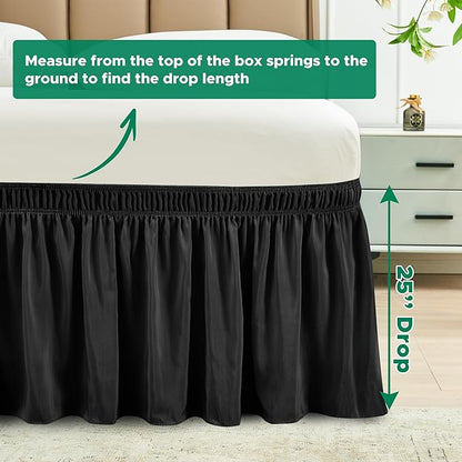 Biscaynebay Wrap Around Bed Skirts for Twin & Twin XL Beds with Extra Long Drop of 25", Black Adjustable Elastic Dust Ruffles Easy Fit Wrinkle Resistant Silky Luxurious Fabric Machine Washable