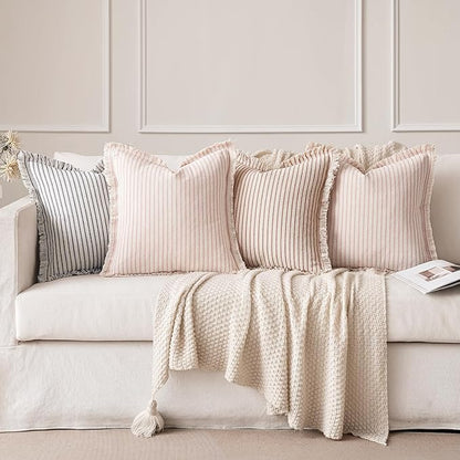MIULEE Pack of 2 Pink Pillow Covers 20x20 Inch Striped Farmhouse Couch Spring Throw Pillow Covers with Fringe Chic Cotton Decorative Cushion Covers for Sofa Living Room Bed Outdoor Home Decor