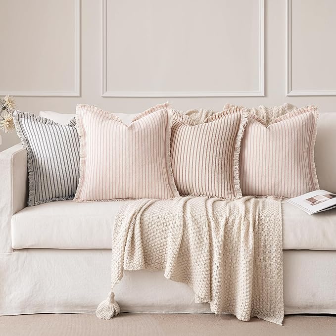 MIULEE Pack of 2 Pink Pillow Covers 24x24 Inch Striped Farmhouse Couch Throw Pillow Covers with Fringe Chic Cotton Decorative Cushion Eruo Sham for Sofa Living Room Bed Outdoor Home Decor