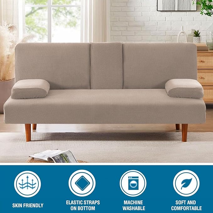 H.VERSAILTEX 4 Pieces Stretch Futon Covers Sofa Bed Slipcover with Removable Armrests and Cupholders Covers Furniture Protector High Spandex Small Checks Jacquard Fabric, Sand