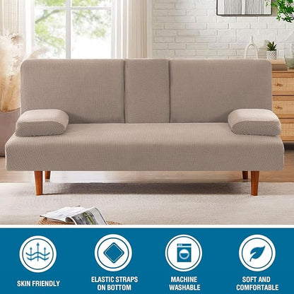 H.VERSAILTEX 4 Pieces Stretch Futon Covers Sofa Bed Slipcover with Removable Armrests and Cupholders Covers Furniture Protector High Spandex Small Checks Jacquard Fabric, Sand