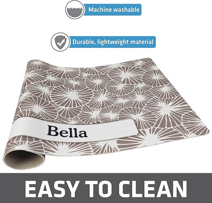 Drymate Personalized Pet Bowl Placemat, Custom Dog & Cat Food Feeding Mat - Absorbent Fabric, Waterproof Backing - Machine Washable/Durable (USA Made) (12" x 20") (Kahopo Grey)