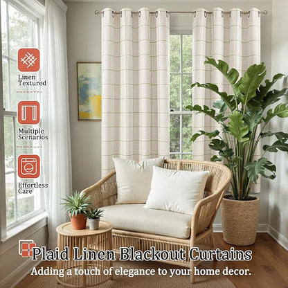 Sage Green Plaid Linen Blackout Curtains for Bedroom - Boho Style Curtains Thermal Insulated, Pattern Printed Rustic Drapes Window Treatments for Farmhouse, 52x63 Inch 2 Panels
