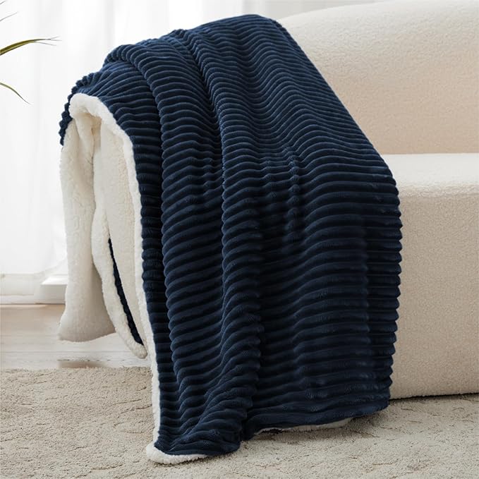 Sherpa Twin Blanket for Bed - Soft Cozy Fleece, Warm for Winter, Reversible for Sofa, Navy, 60 x 80 Inches