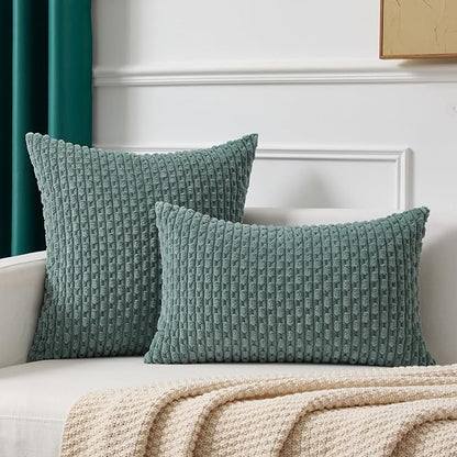 Kevin Textile 14x24 Inch Pillow Cover 1 Pack Boho Decorative Soft Striped Corduroy Lumbar Farmhouse Color Accent Rectangle Cushion Case for Living Room Couch Sofa Bed, Teal Green
