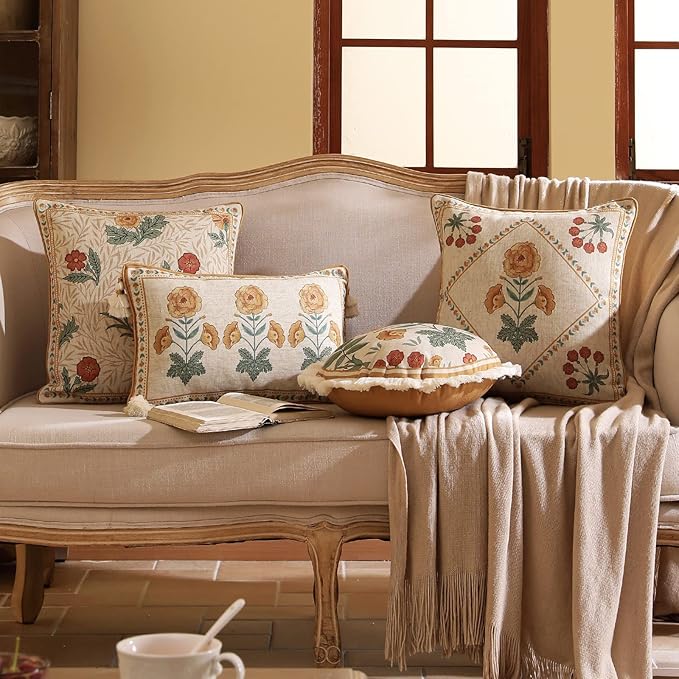 patdrea Designer Rectangle Throw Pillow Covers for Couch 12"x20",Vintage French Linen with Beige Daisy Floral Pattern and White Pendant,Farmhouse Decorative Lumbar Cushion for Bed,Living Room
