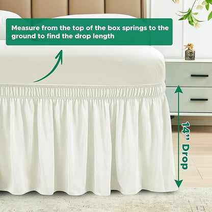 Biscaynebay Wrap Around Bed Skirts for Queen Beds 14" Drop, Ivory Adjustable Elastic Dust Ruffles Easy Fit Wrinkle & Fade Resistant Silky Luxurious Fabric Solid Machine Washable