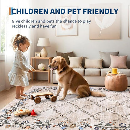 Garveehome 5x7 Washable Floral Area Rugs for Living Room: Modern Floral Non Slip Large Area Rugs for Bedroom, Large Machine Washable Living Room Low Pile Carpet with Non-Slip Backing Beige 5 ft x7 ft.