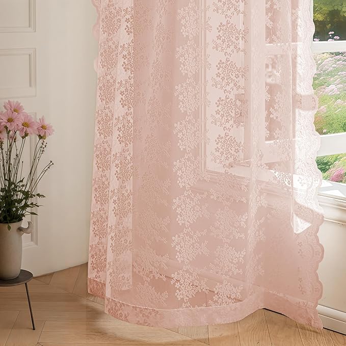 Anmao Vintage Lace Curtains 45 Inches Long 2 Panels Set, Romantic Elegant Light Filtering Semi Sheer Floral Thick Lacy Curtain Drapes for Living Room and Bedroom, Each Panel 55W x 45L, Blush Pink