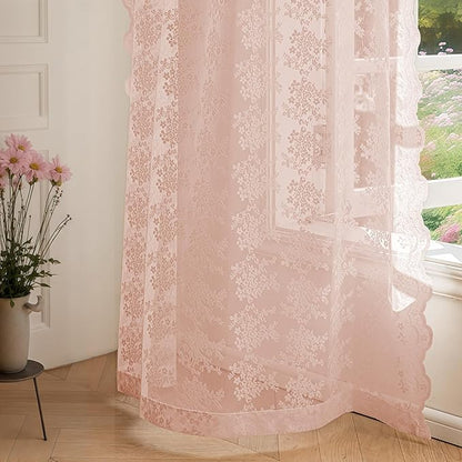 Anmao Vintage Lace Curtains 72 Inches Long 2 Panels Set, Romantic Elegant Light Filtering Semi Sheer Floral Thick Lacy Curtain Drapes for Living Room and Bedroom, Each Panel 55W x 72L, Blush Pink