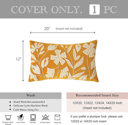 BlissBlush Fall Throw Pillow Cover 12x20, Yellow Mustard Soft Velvet Floral Decorative Lumbar Accent Throw Pillowcase, Tufted Farmhouse Textured Pillowcase for Couch Sofa Bed Living Room Home Décor