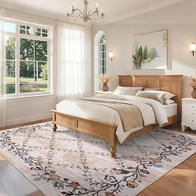 Garveehome 5x7 Washable Floral Area Rugs for Living Room: Modern Floral Non Slip Large Area Rugs for Bedroom, Large Machine Washable Living Room Low Pile Carpet with Non-Slip Backing Beige 5 ft x7 ft.