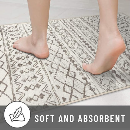KUTA Round Washable Rug 5Ft Beige Boho Area Rugs for Living Room, Moroccan Foyer Throw Mat Non Slip, Soft Distressed Geometric Entry Circle Low-Pile Carpet for Bedroom Nursery Dorm Decor