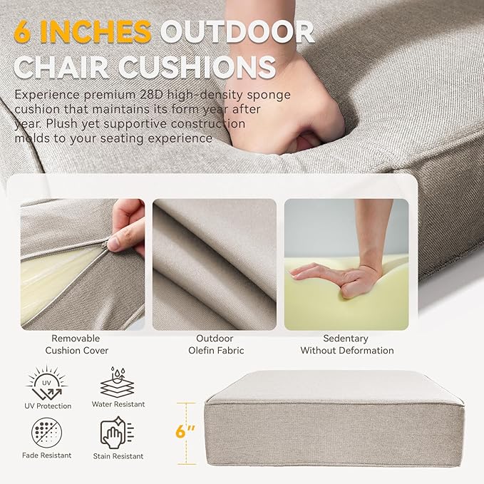 Outdoor Cushion Set for Furniture Patio Furniture, UV Resistant, Water Resistant - 6 Inch Thick Foam Garden Cushions – 22x24 Inch Patio Seat Covers for Chair/Sofa/Couch | Beige | 11-Pack |