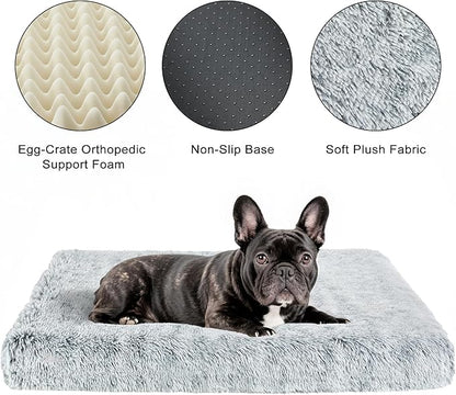 Fluffy Orthopedic Dog Beds for Large Dogs with Washable Removable Cover Dog Crate Bed Egg Crate Foam Support Plush Pet Pad Mat with Anti-Slip Bottom(Grey,42 * 28)