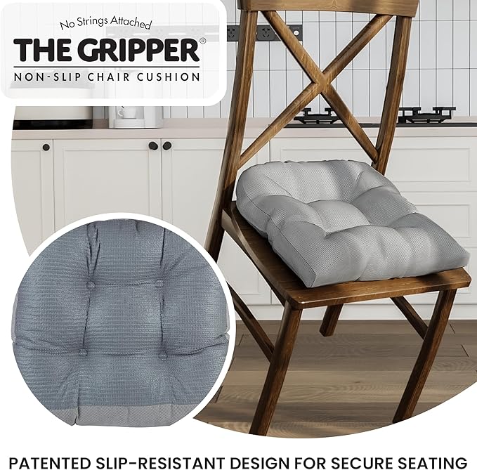 Klear Vu Gripper Overstuffed Universal Non-Slip Dining Chair Cushions for Kitchen Decor or Office Use, U-Shaped Skid-Proof Seat Pad, 17x17 Inches, 2 Count (Pack of 1), Linear Gray