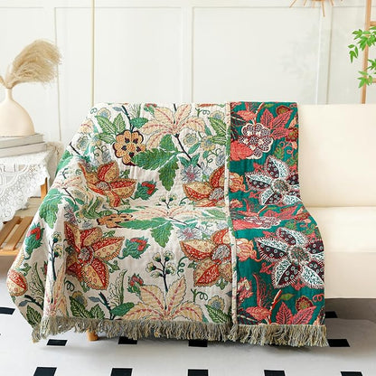 MSGKV Boho Throw Blanket for Couch Chair 100% Cotton Embroidery Floral Blanket 50"x60" Sofa Blankets for All Seasons Lightweight Farmhouse Muslin Breathable Bed Blankets Home Decor