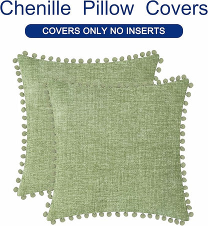 CaliTime Throw Pillow Covers Decorative 22 X 22 Inches Pack of 2 Cozy Solid Dyed Soft Chenille Cushion Cases with Pom Poms for Couch Sofa Bed Living Room Home Sage