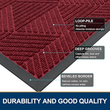 Smiry Front Door Mat Outside Entrance, Heavy Duty Sturdy Natural Rubber Doormat, Trap Dirt and Moisture, Easy Clean Low Profile Mats for Indoor Outdoor Entry, Irregular Triangle (59x24, Wine Red)