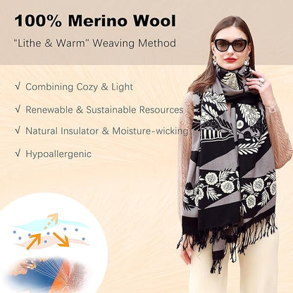 DANA XU 100% Merino Wool Extra Large Pashmina Blanket Travel Scarf Cashmere Wrap for Women Fall Winter Oversize Shawl Floral