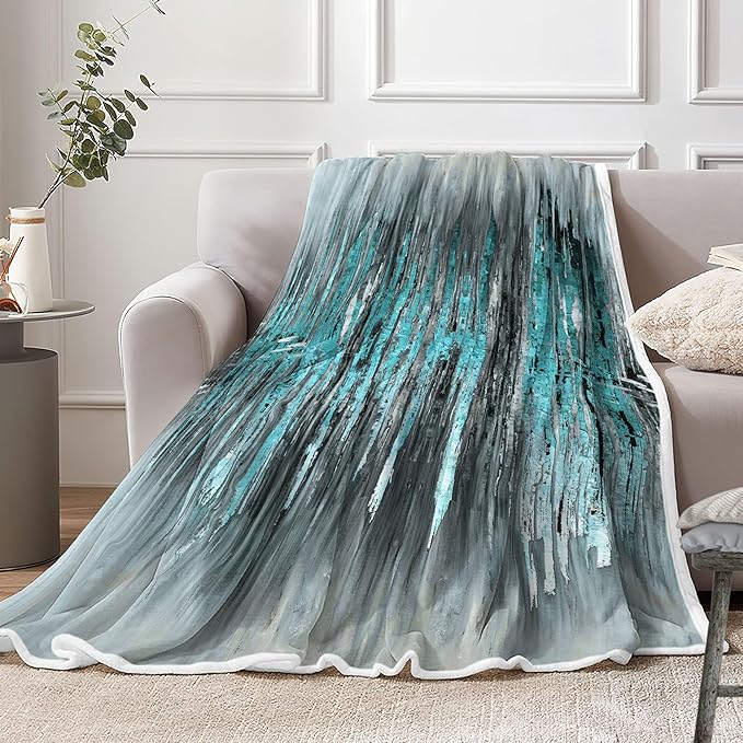 Abstract Throw Blankets, Modern Teal Gold CrackNon Cozy Warm Bed Couch Blanket, Stripe Contemporary Abstract Painting White Fleece Flannel Throws to Decorate The Room and Bedroom