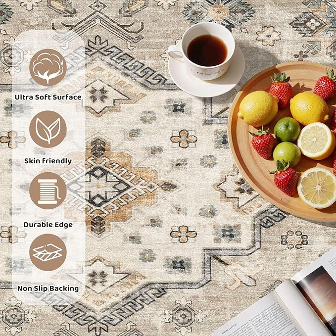 8ft Round Vintage Living Room Area Rug - 8x8 Large Soft Washable Oriental Traditional Distressed Farmhouse Rugs for Bedroom - Indoor Floor Accent Carpet for Home Office House Decor - Beige