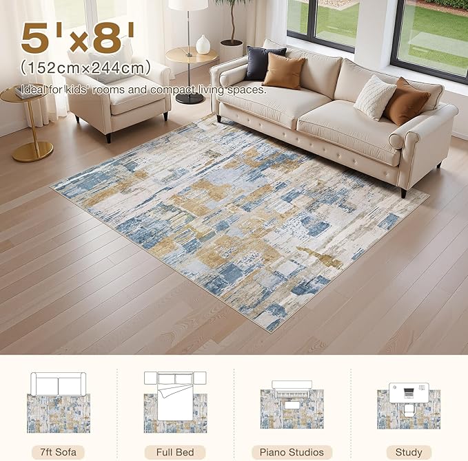 Abstract Living Room Rug 5x8 - Modern Washable Soft Thin Area Rug for Living Room Bedroom Under Dining Table - Neutral Indoor Floor Rug Carpets for Home Office Playroom Nursery - Blue Gold