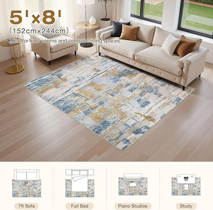 Abstract Living Room Rug 5x8 - Modern Washable Soft Thin Area Rug for Living Room Bedroom Under Dining Table - Neutral Indoor Floor Rug Carpets for Home Office Playroom Nursery - Blue Gold