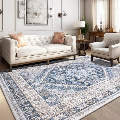 zesthome 10x14 Area Rugs,Stain Resistant Washable Rug,Ultra-Thin Rugs for Living Room,Bedroom,Non-Slip Backing Home Decor Large Area Rug (Blue/Beige,10'x14')