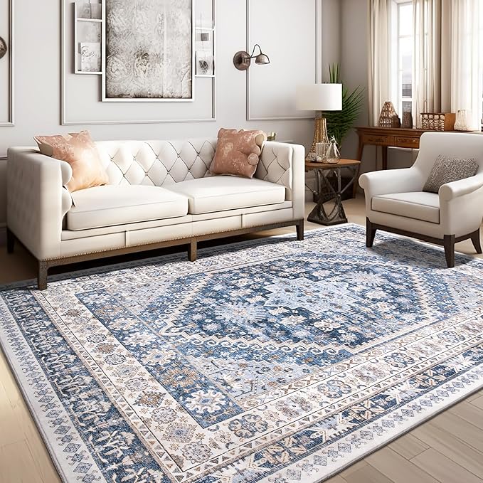 zesthome 10x12 Area Rugs,Stain Resistant Washable Rug,Ultra-Thin Rugs for Living Room,Bedroom,Non-Slip Backing Home Decor Large Area Rug (Blue/Beige,10'x12')