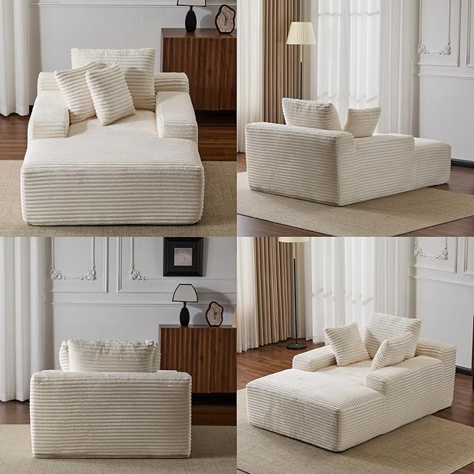 Chaise Lounge Chair Indoor, Oversized Comfy Fluffy Cloud Couch with Throw Pillows & Deep Seat, Modern Lounge Sleeper Couch with Armrests, Upholstered Sofa Bed Chair for Living Room, White