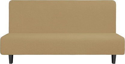 Easy-Going Stretch Futon Slipcover Armless Futon Bed Cover Furniture Protector Without Armrests with Elastic Bottom for Kids, Soft Jacquard Fabric Small Checks (Large, Golden)