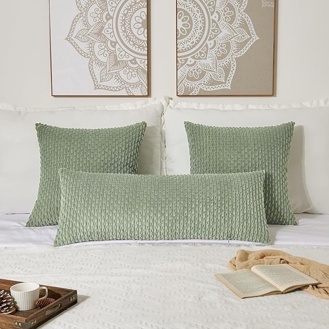 Kevin Textile 14x36 Inch Long Lumbar 1 Pack Boho Decorative Throw Pillow Cover Soft Striped Corduroy Rectangle Cushion Case Farmhouse Solid Color Accent for Living Room Couch Sofa Bed, Sage Green