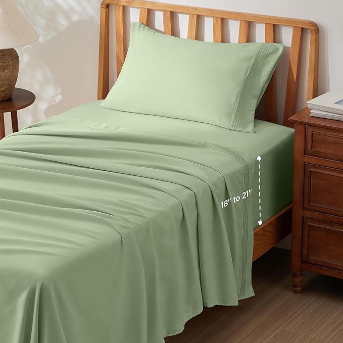 Bedsure Deep Pocket Twin Sheets Set - Fits Mattresses Up to 21 Inches Thick -3 Piece GentleSoft Bed Sheets, Moisture Wicking, Soft & Cooling Bedsheet & Pillowcases, Easy & Secure Fit, Light Green