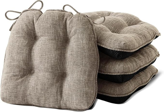 Chair Cushions for Dining Chairs Set of 4, Kitchen Chair Cushions, Chair Pads with Ties and Non Slip Backing, Tufted Memory Foam Seat Cushion 4 Pack, 15.5" x 15.5" x 4", Khaki