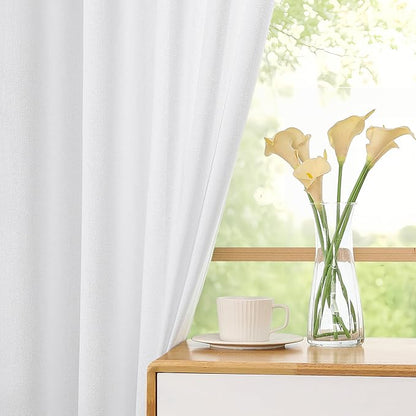 Simplebrand White Faux Linen Textured Curtains 63 Inch Length 2 Panels for Bedroom, Semi Sheer Light Filtering Privacy Farmhouse Curtains, Soft Thick Rod Pocket Window Drapes, 40W x 63L Inch